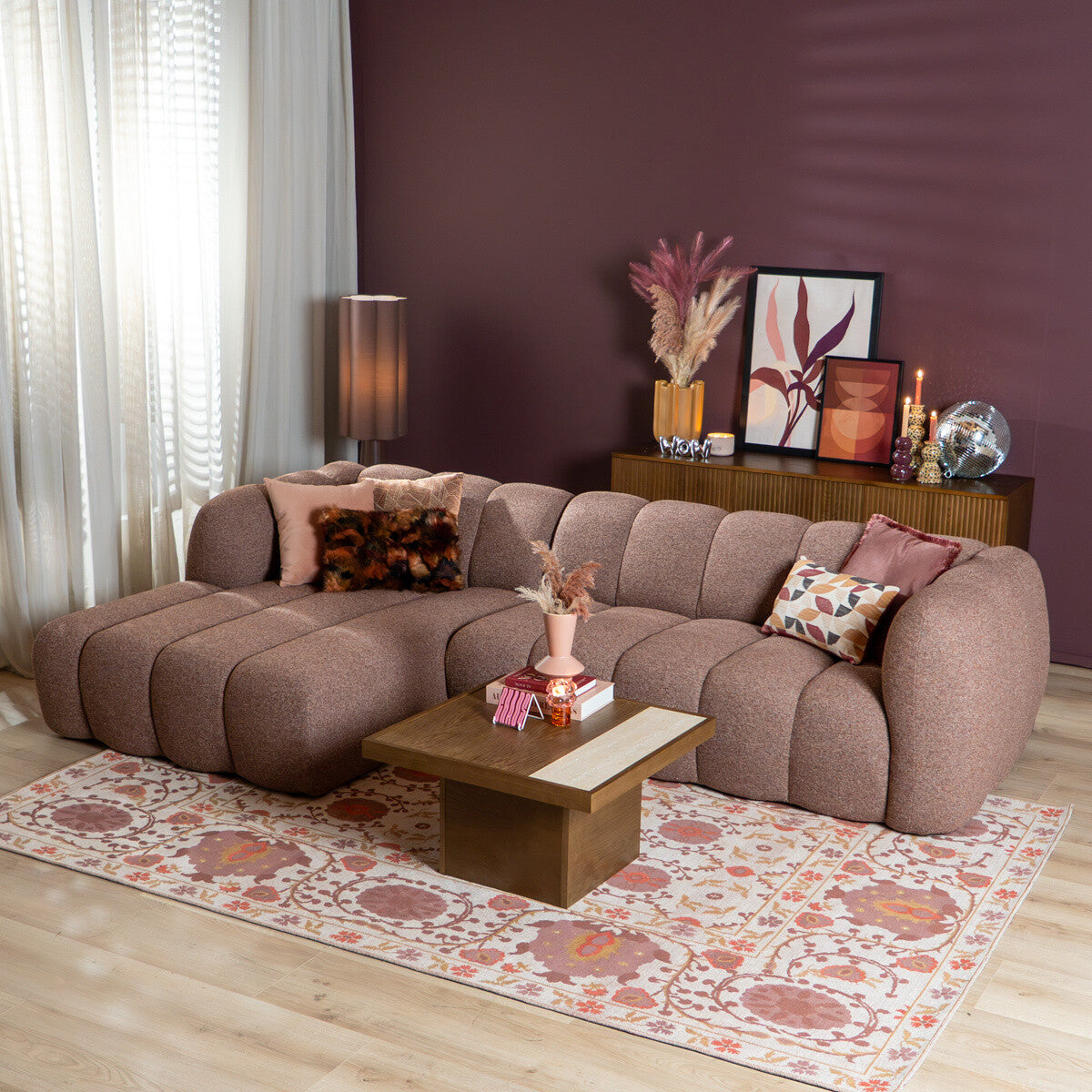 Hoekbank Luca bouclé stof rood/roze links