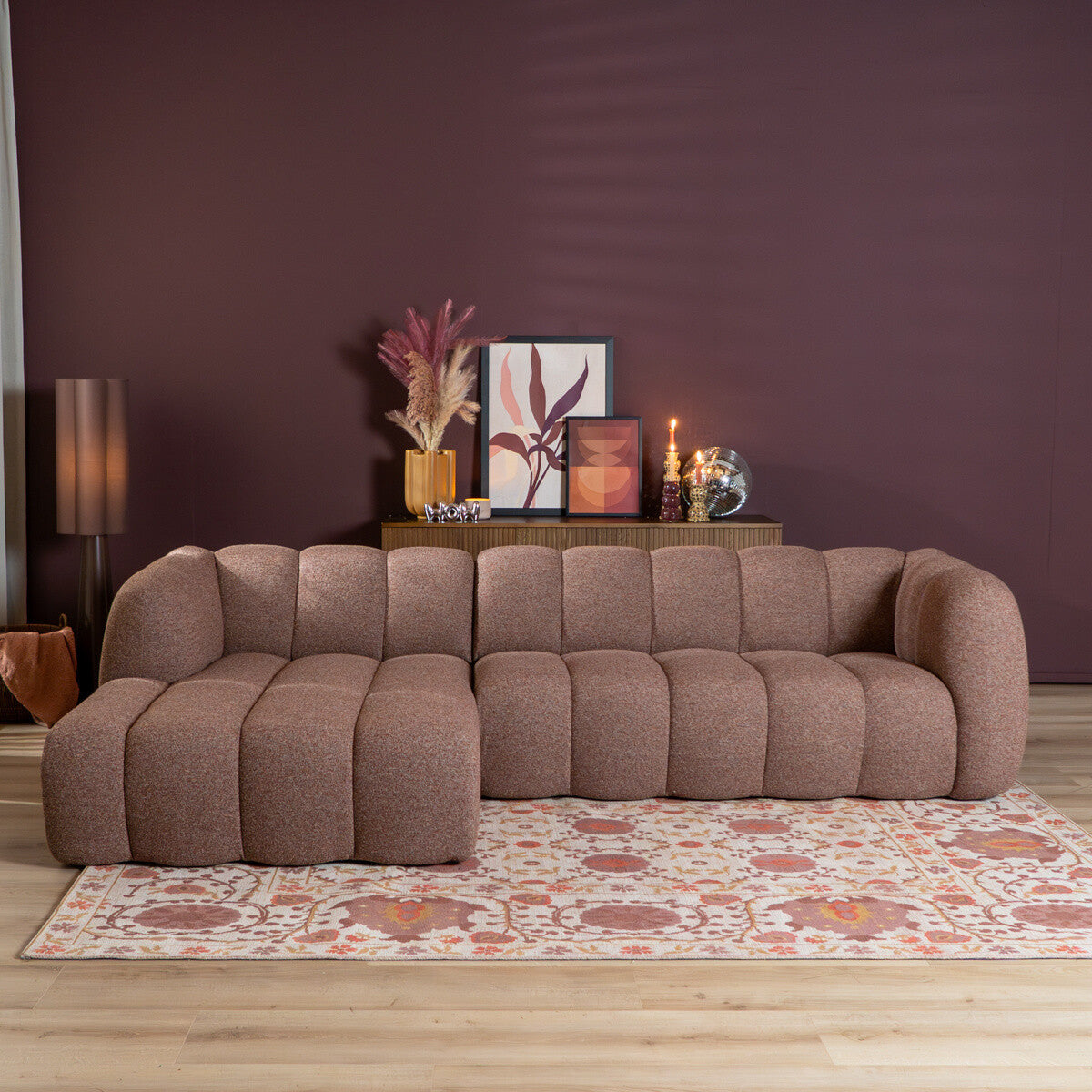 Hoekbank Luca bouclé stof rood/roze links