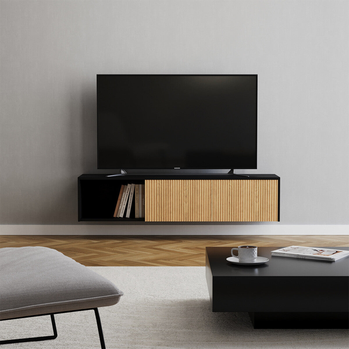 Tv-meubel Ray zwart/blank eiken 150 cm