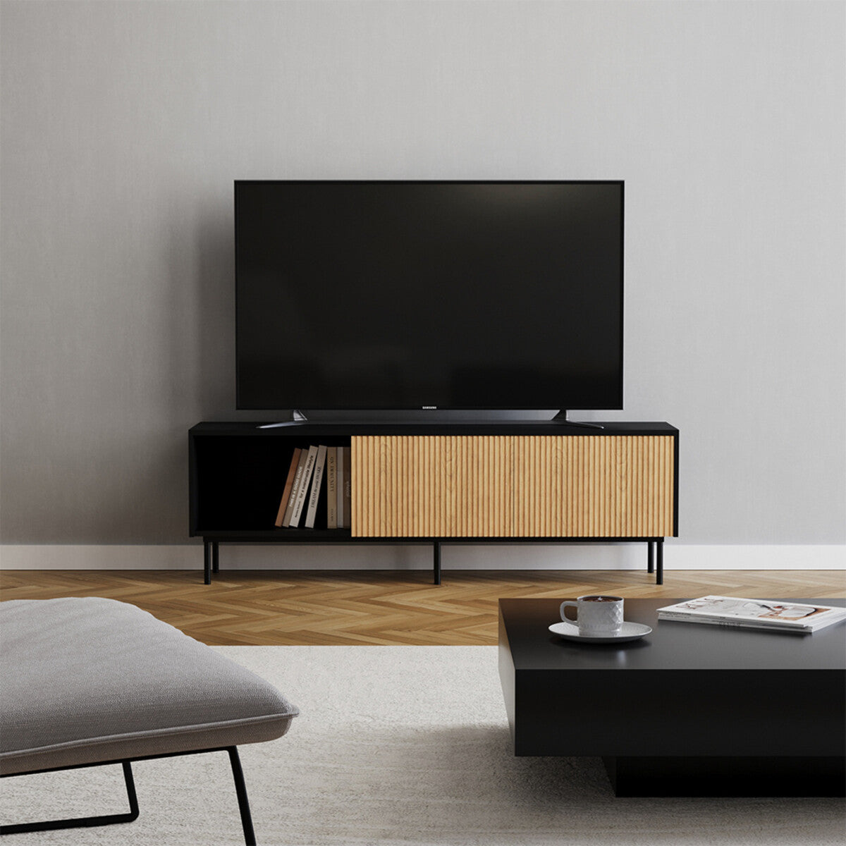 Tv-meubel Ray zwart/blank eiken 150 cm