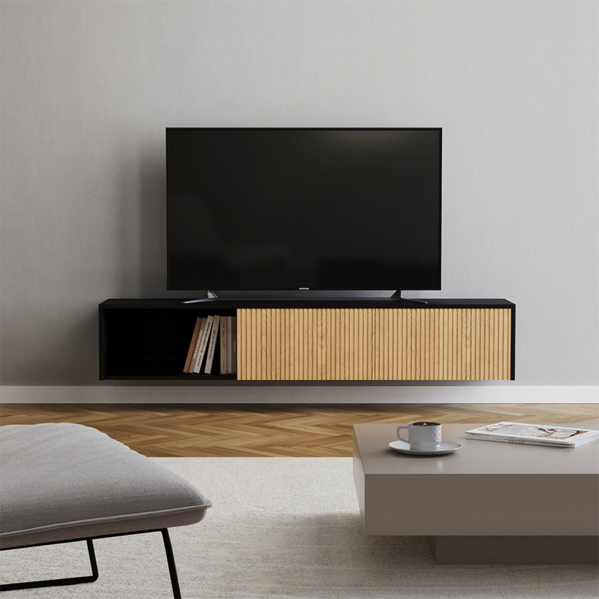 Tv-meubel Ray zwart/blank eiken 180 cm