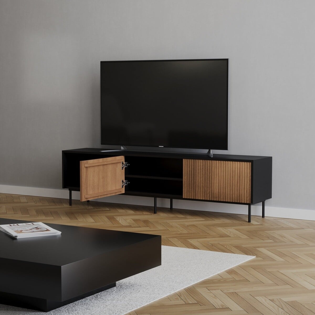 Tv-meubel Ray zwart/rustiek eiken 180 cm