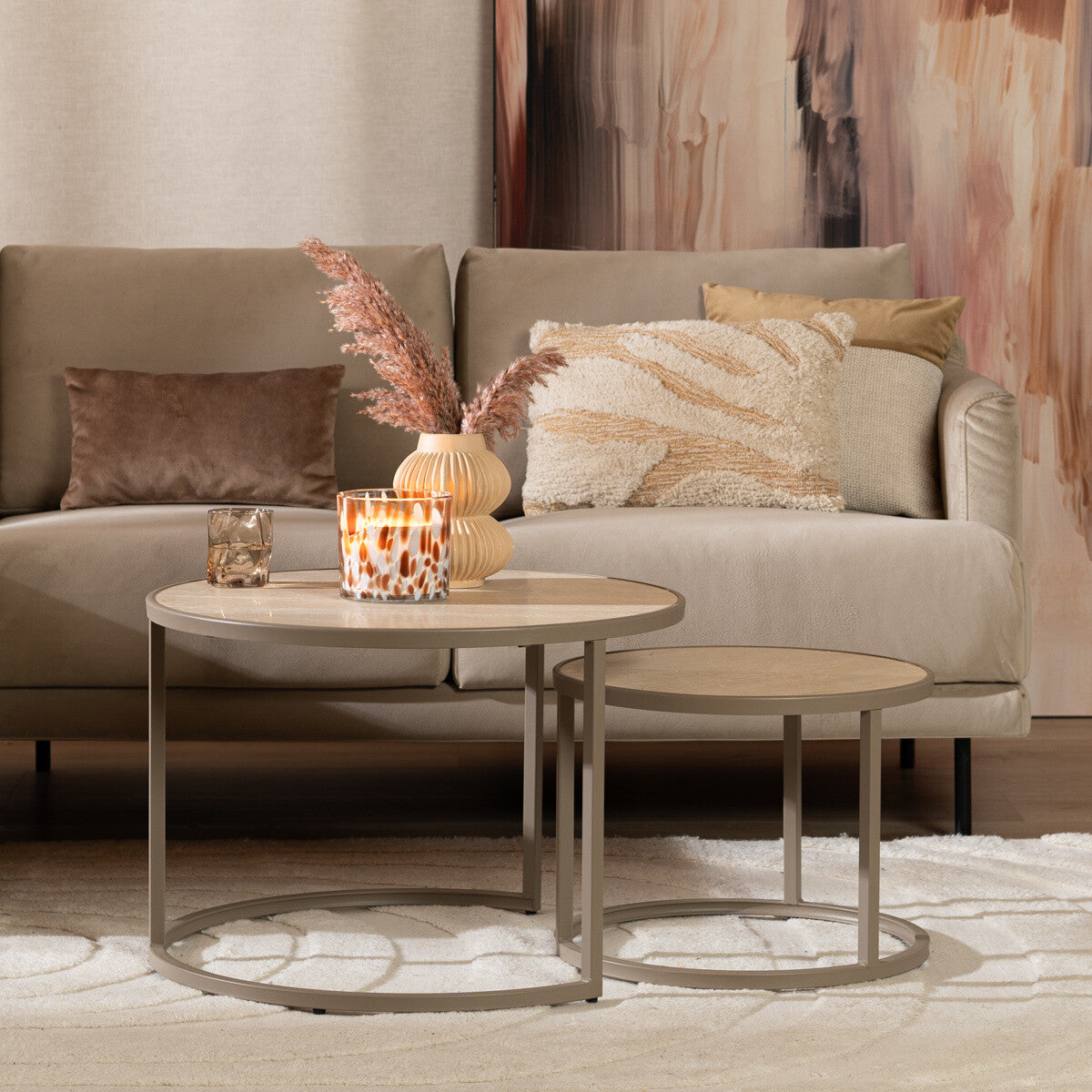 Salontafel Sef set van 2 Ø70 cm en Ø50 cm taupe/travertin