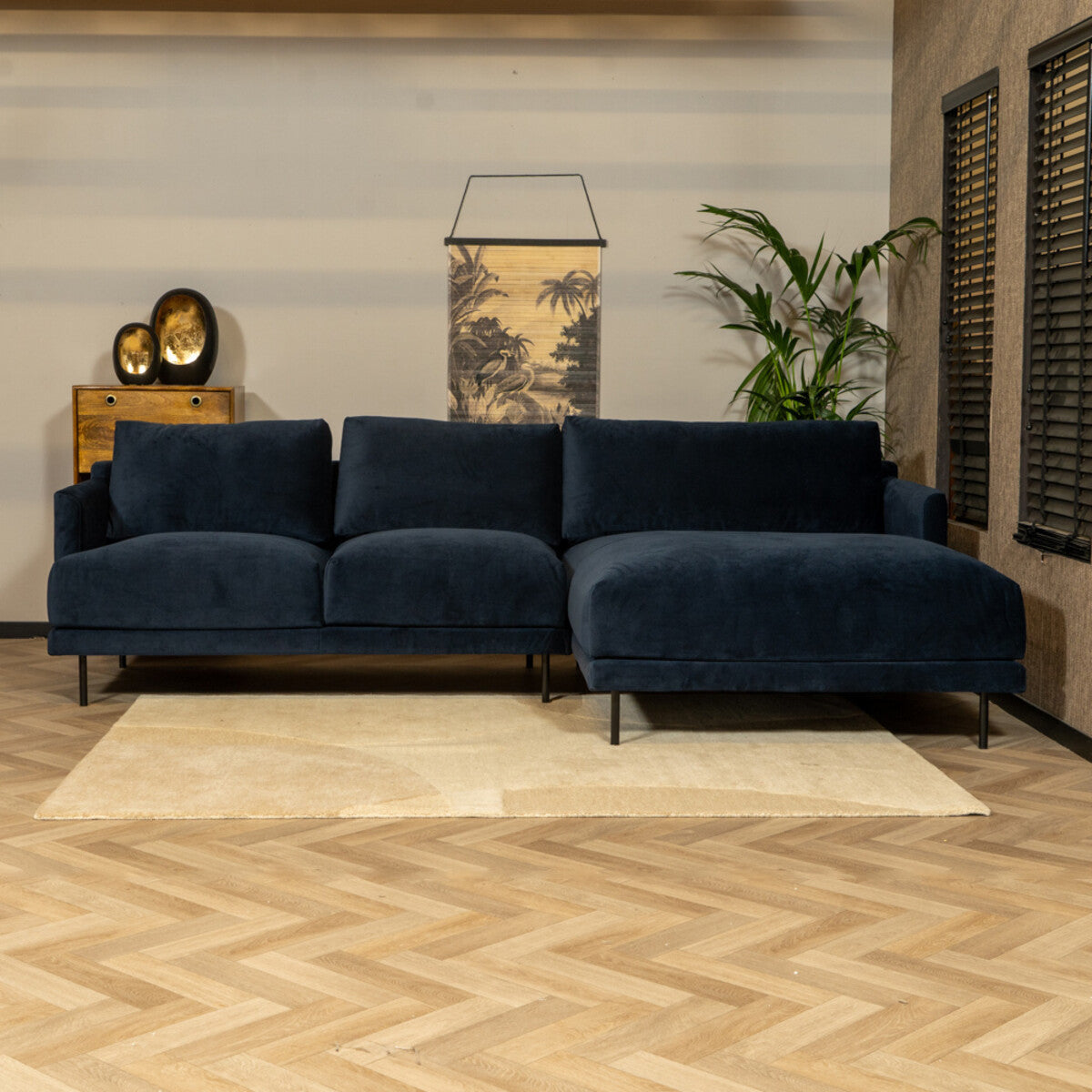 Velvet hoekbank Denver blauw rechts