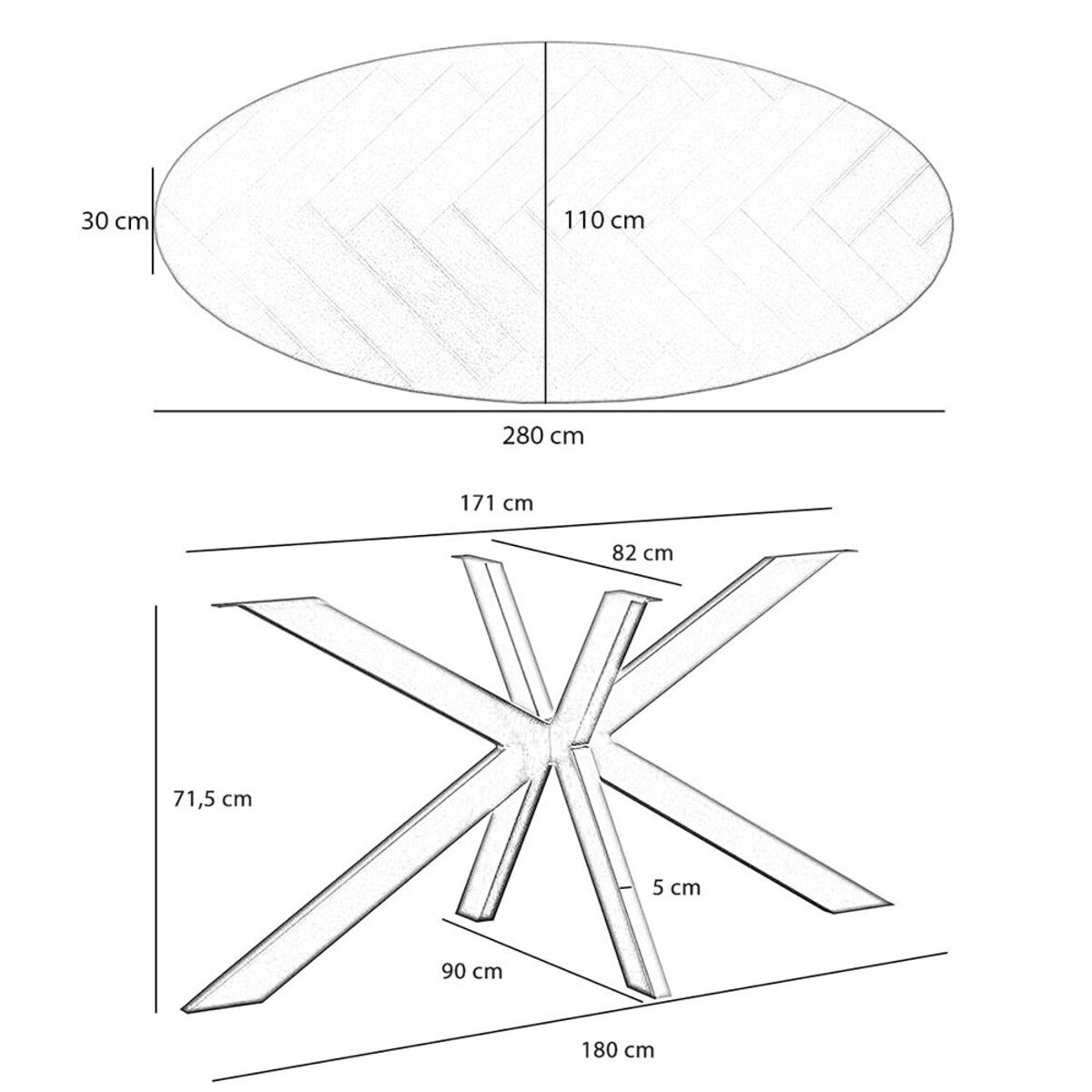Visgraat eettafel zwart ovaal Joren PVC zwart 280 x 110 cm